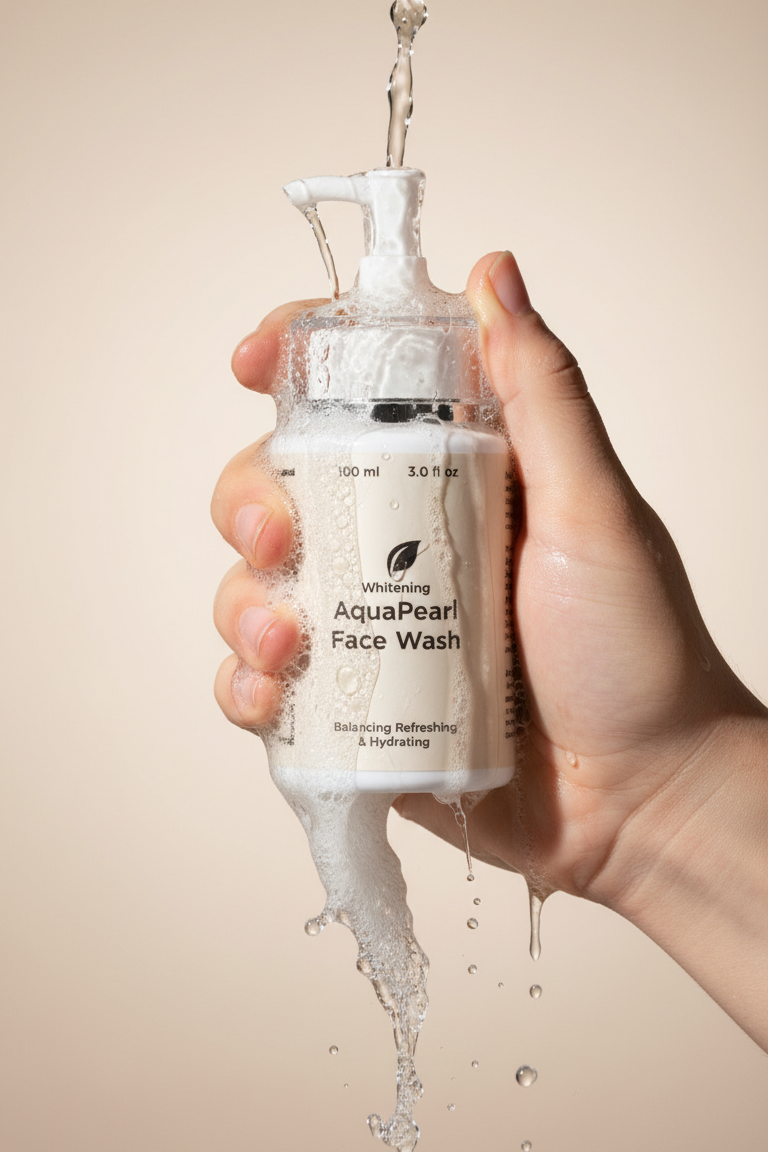 Hand holding a bottle of 'AquaPearl' Face Wash with water dripping from it against a beige background