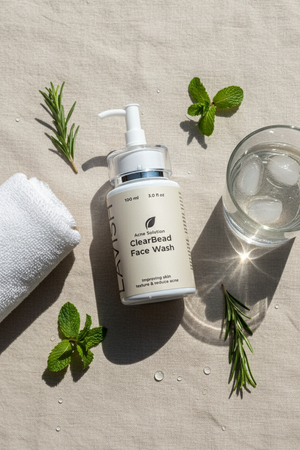 ClearBead Face Wash bottle with mint leaves and a glass of water on a neutral background