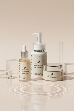 Skincare products including a serum, face wash, and cream on a neutral background