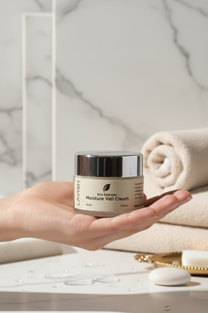 Hand holding a jar of Lavera Moisture Veil Cream against a marble background