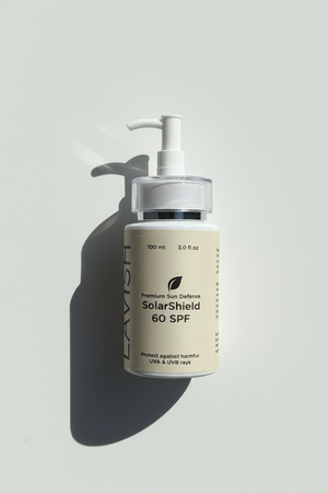 Bottle of SolarShield 60 SPF lotion on a light gray background