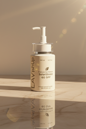 LAVISH Skin SolarShield 60 SPF bottle on a reflective surface with a neutral background