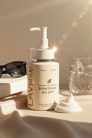 Lavish Skin SolarShield 60 SPF bottle on a neutral background