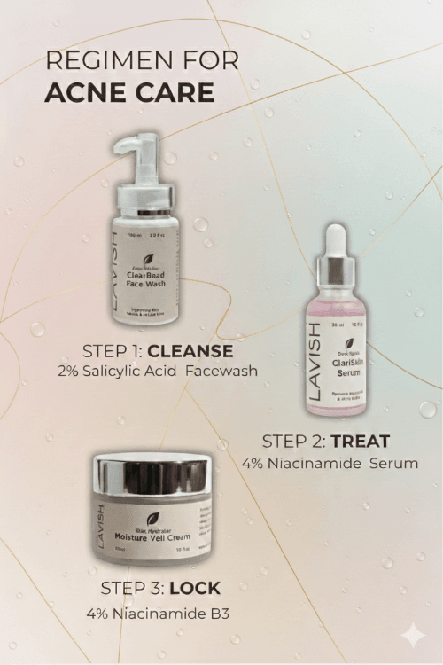 Acne care product regimen with face wash, serum, and cream on a light background