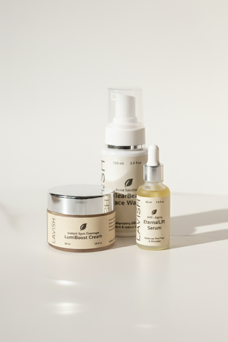 Set of skincare products including a jar, bottle, and serum on a white background