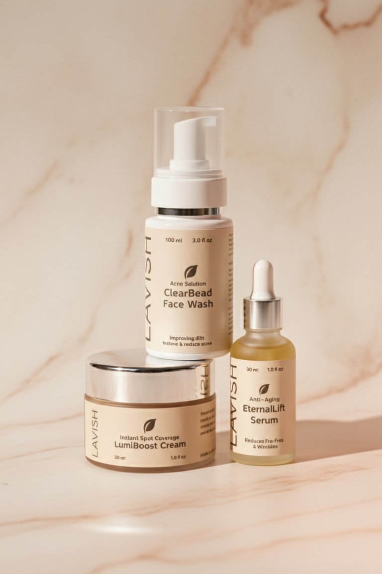 Set of skincare products including a face wash, serum, and cream on a marble background