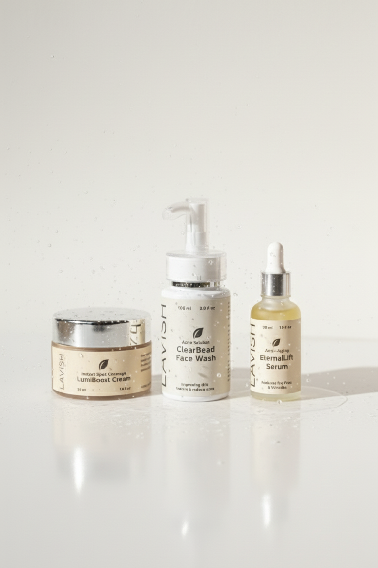 Set of skincare products including a jar, bottle, and serum on a white surface.