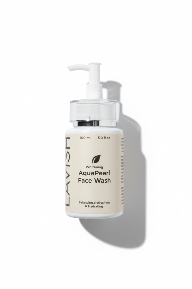 Bottle of AquaPearl Face Wash with pump on a white background