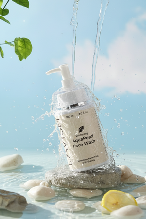 Aquapharis Face Wash bottle with water splashing around it on a natural background