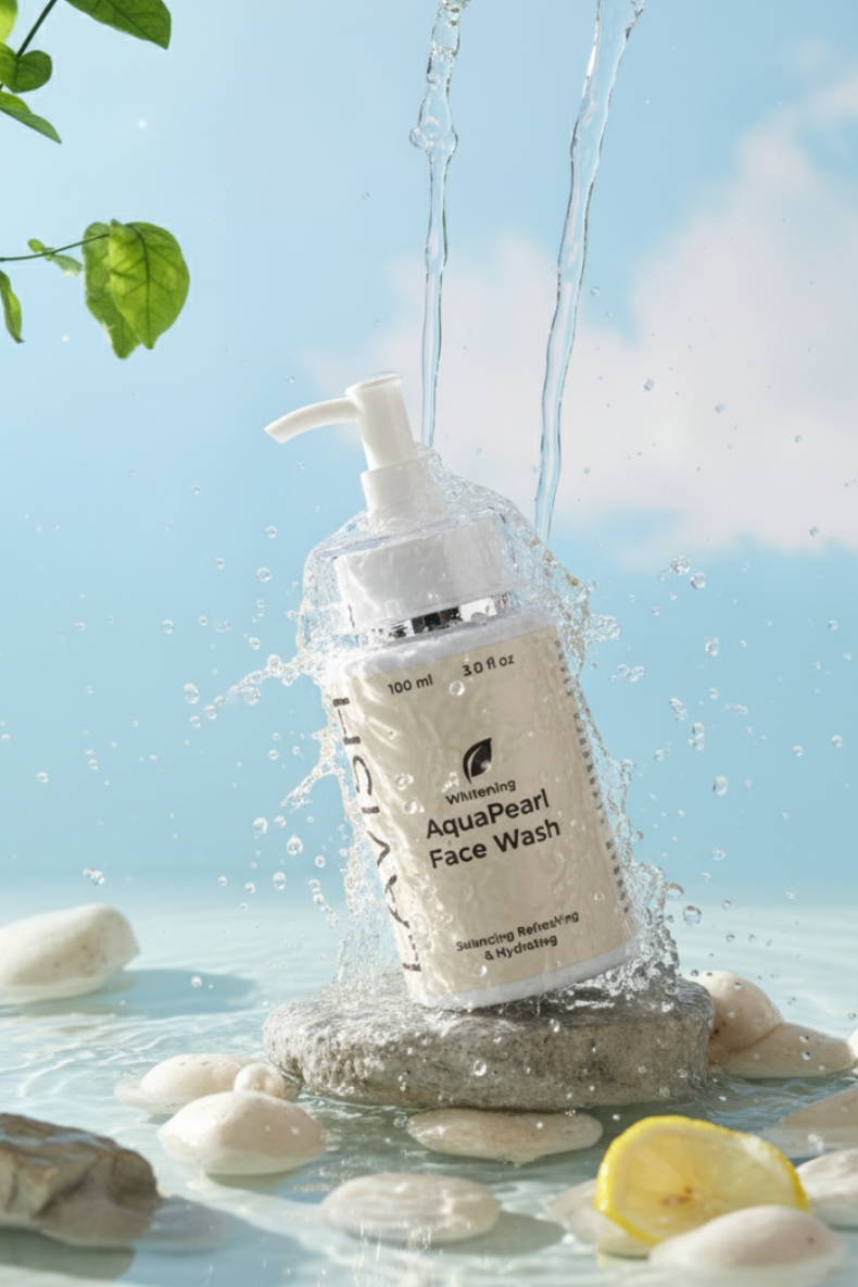 Aquapharis Face Wash bottle with water splashing around it on a natural background