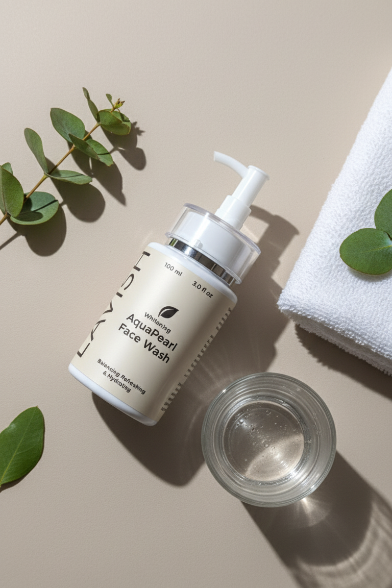 Bottle of Aquascent Face Wash with a pump, glass container, and white towel on a beige background.