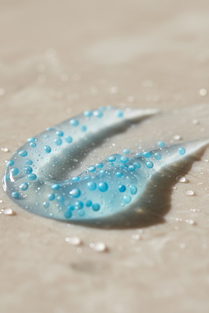 Close-up of a blue gel-like substance with small beads on a beige surface
