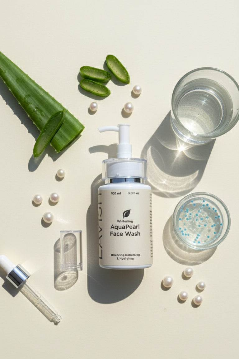 Aquaheart Face Wash bottle with aloe vera leaves, dropper, and glass of water on a light background