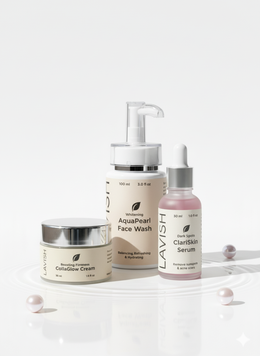 Set of skincare products including a cream, face wash, and serum on a white background