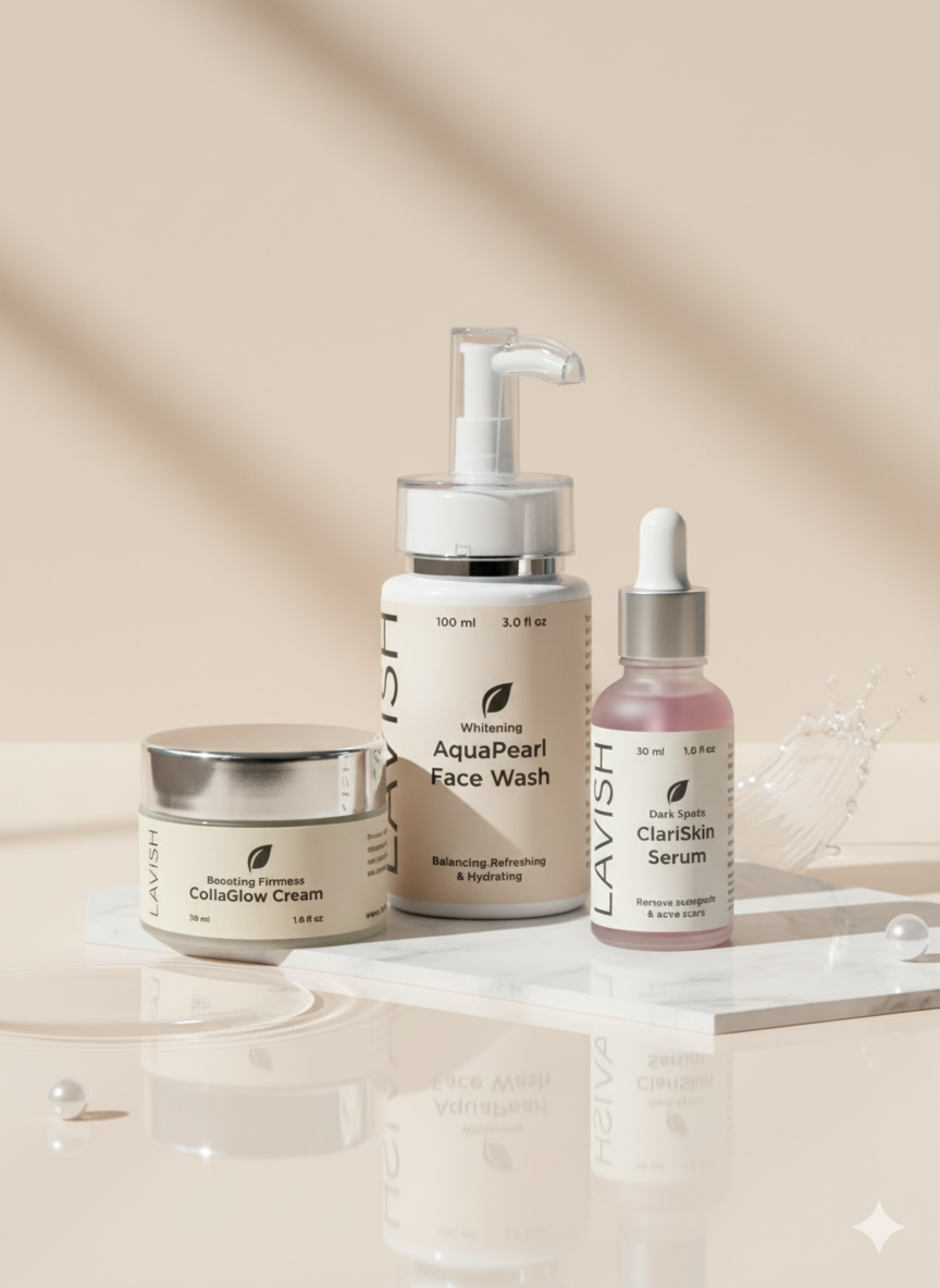 Lavish skincare products including a cream, face wash, and serum on a beige background