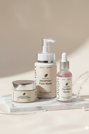 Set of skincare products including a face wash, cream, and serum on a neutral background
