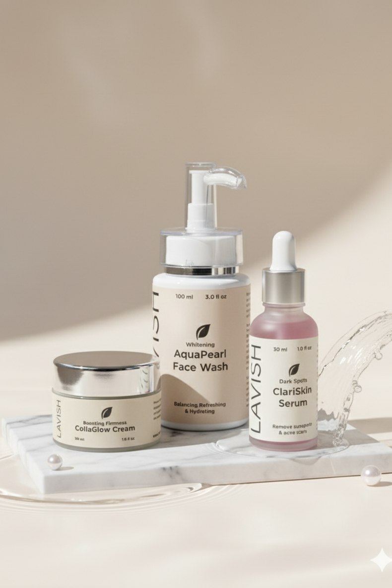 Set of skincare products including a face wash, cream, and serum on a neutral background