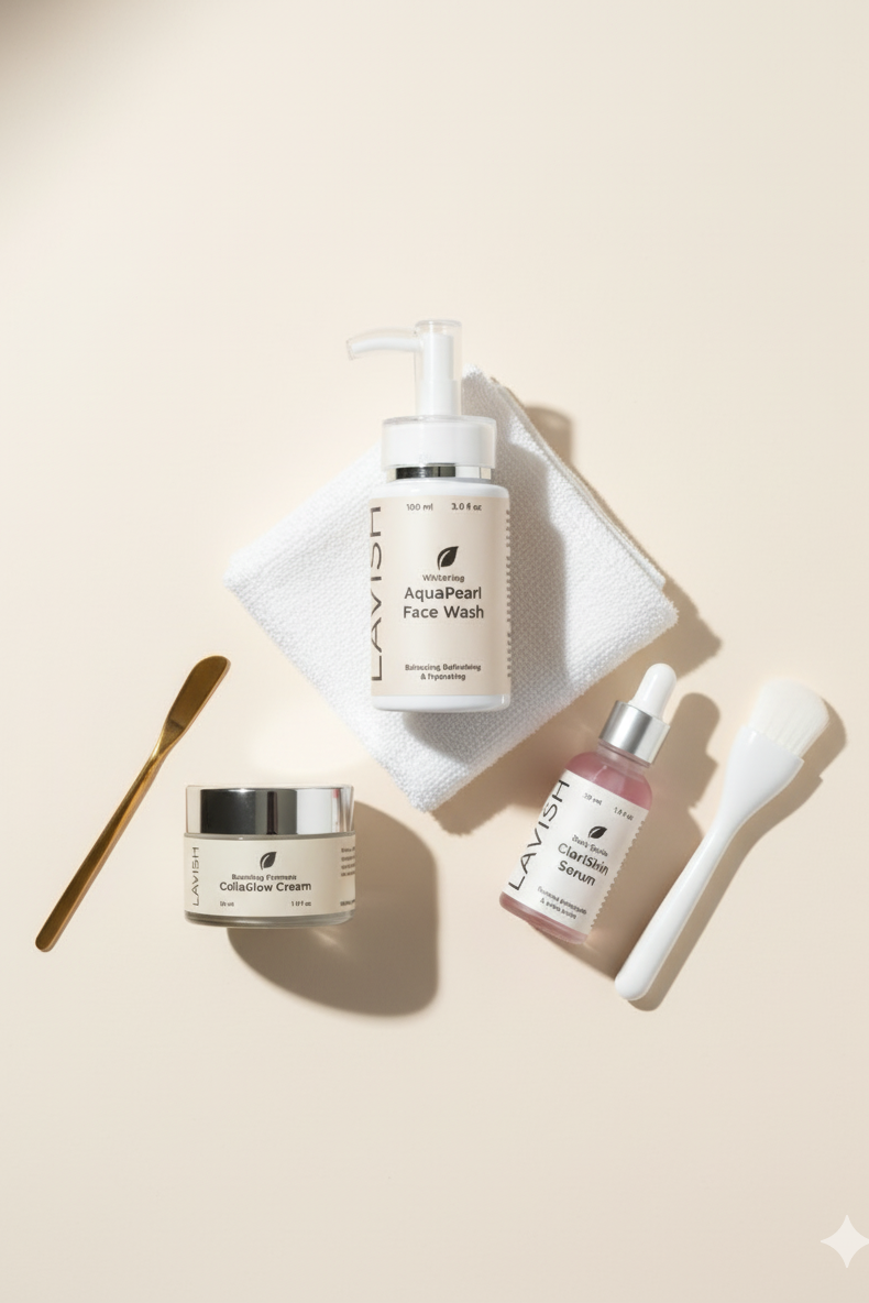 Skincare products including a face wash, cream, and serum on a beige background