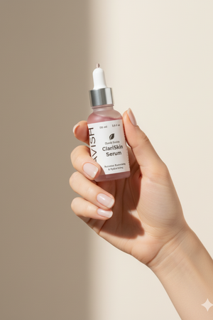 Hand holding a bottle of AVNIS Claritake Serum against a neutral background