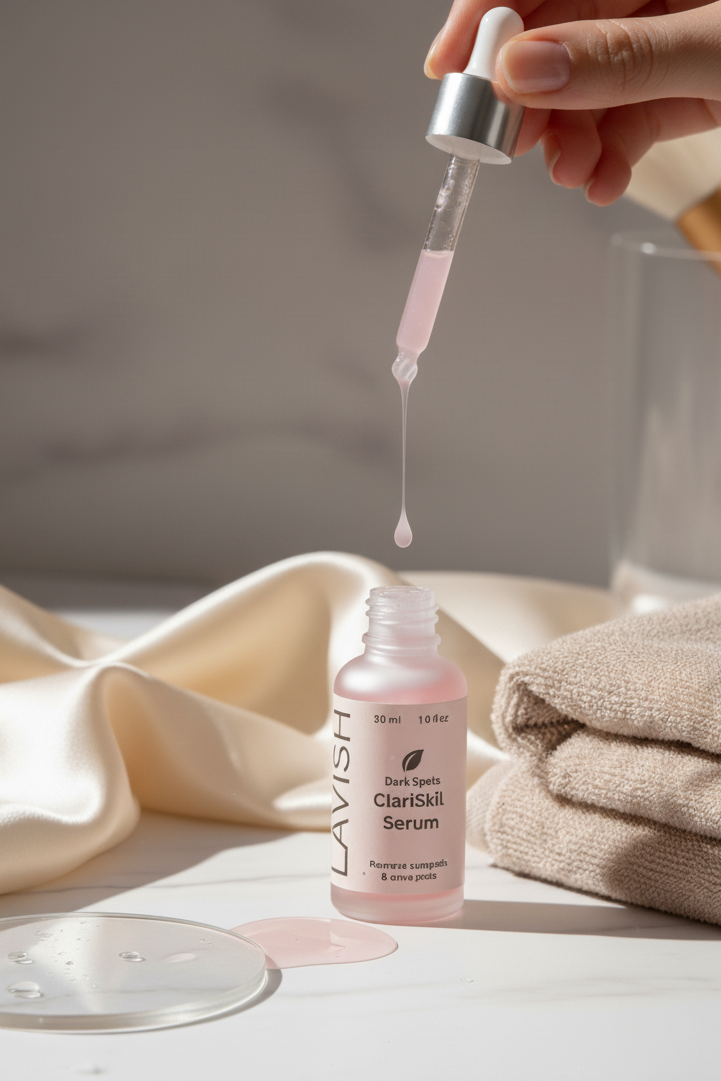Hand using a dropper to apply Lavish Clariskin Serum on a neutral background