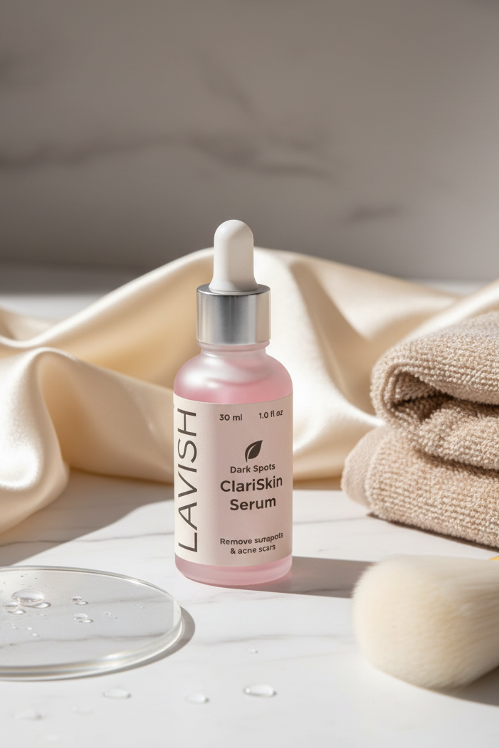 Lavish ClariSkin Serum bottle with dropper on a neutral background with towels and a brush.