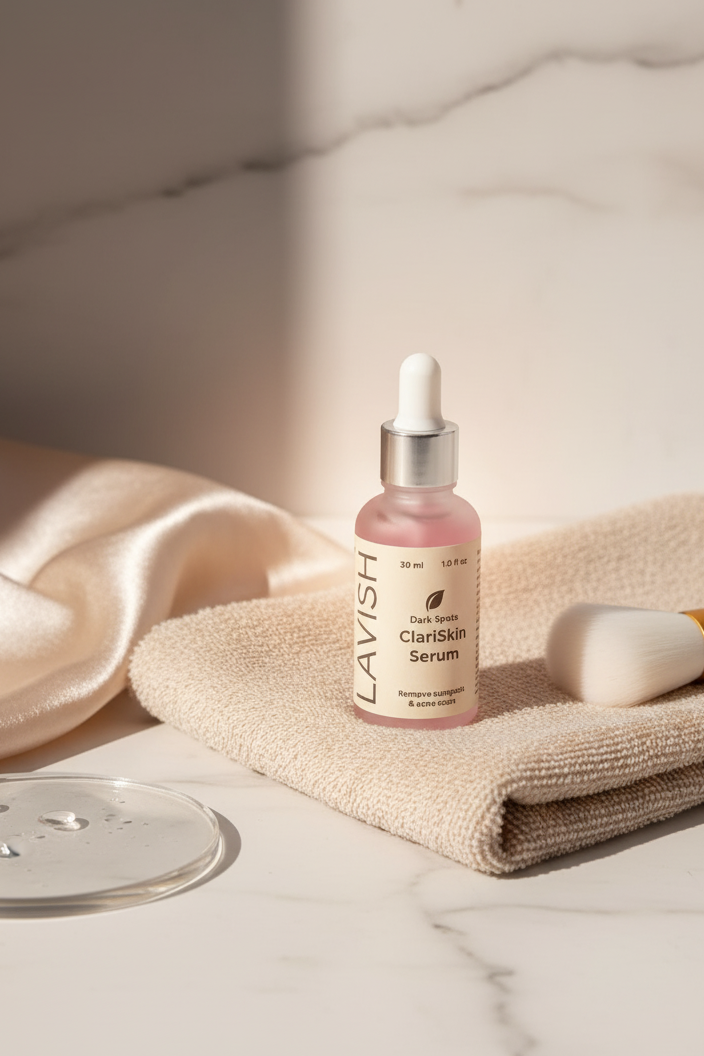 Lavish skincare serum bottle on a marble surface with a towel and brush