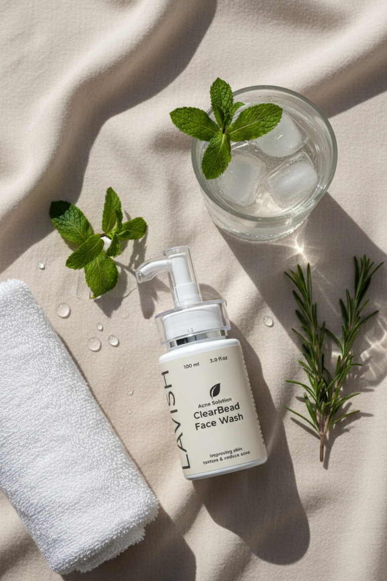 ClearBeard Face Wash bottle with a glass of water and mint leaves on a beige fabric background