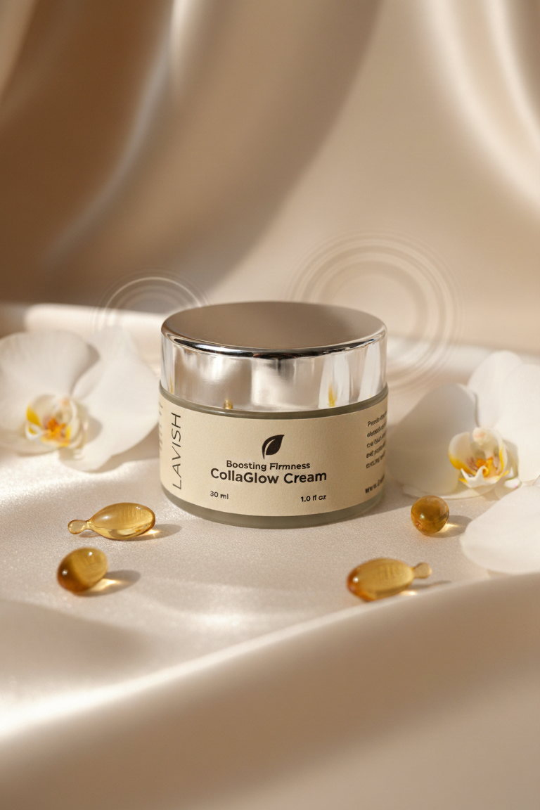 Jar of CollaGlow Cream with gold capsules on a soft beige background