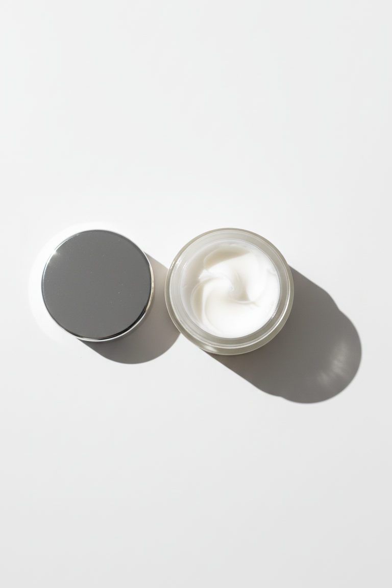 Open jar of cream with a gray lid on a white background