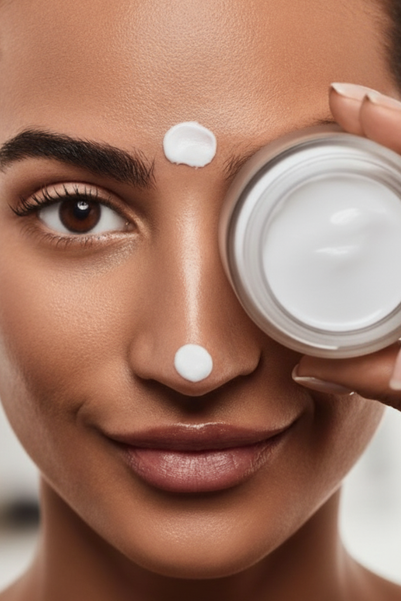 Woman applying cream to her face with a jar of cream.