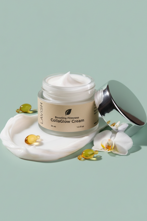 Lavish Collaglow Cream jar on a light green background with decorative elements.