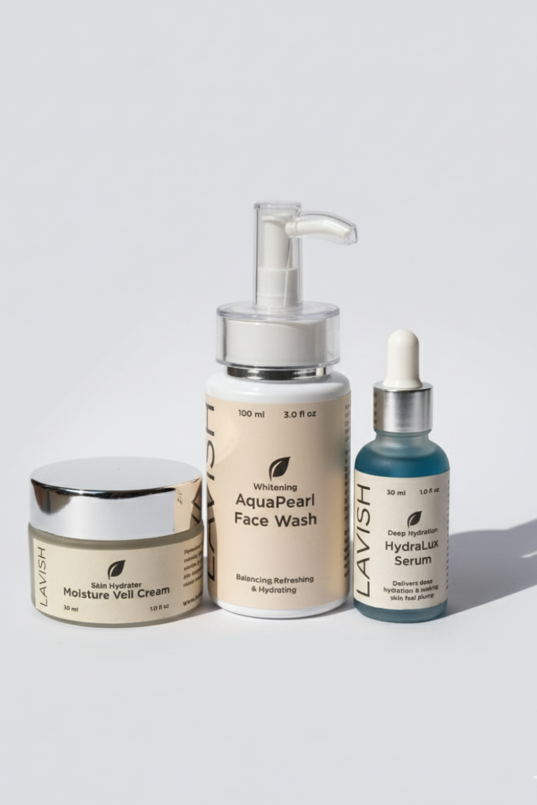 Set of skincare products including a cream, face wash, and serum on a light gray background