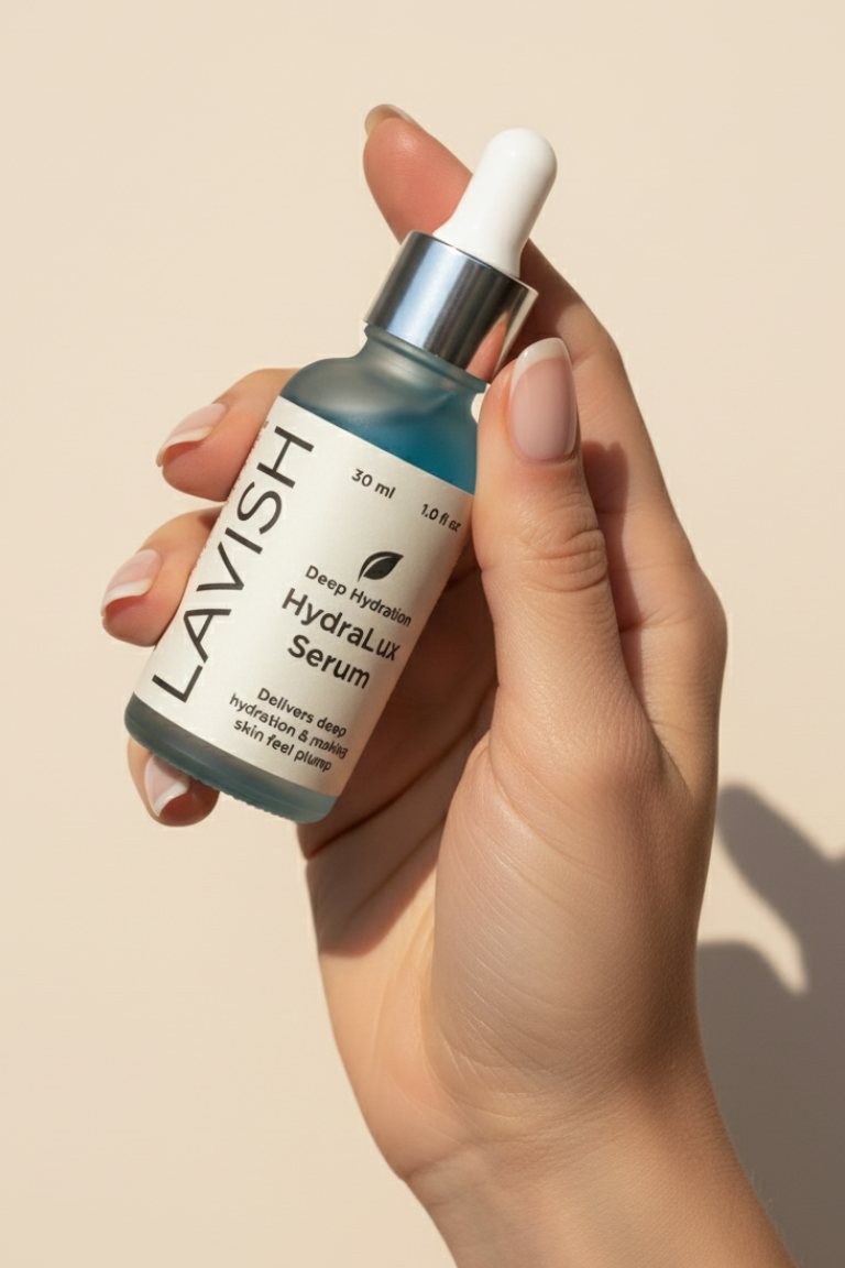 Hand holding a bottle of Lavish Hydralux Serum against a beige background
