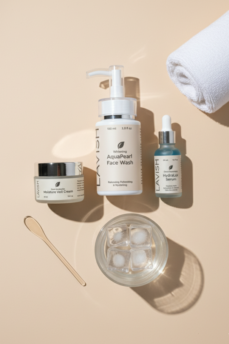 Skincare products including a jar, face wash, serum, and towel on a beige background