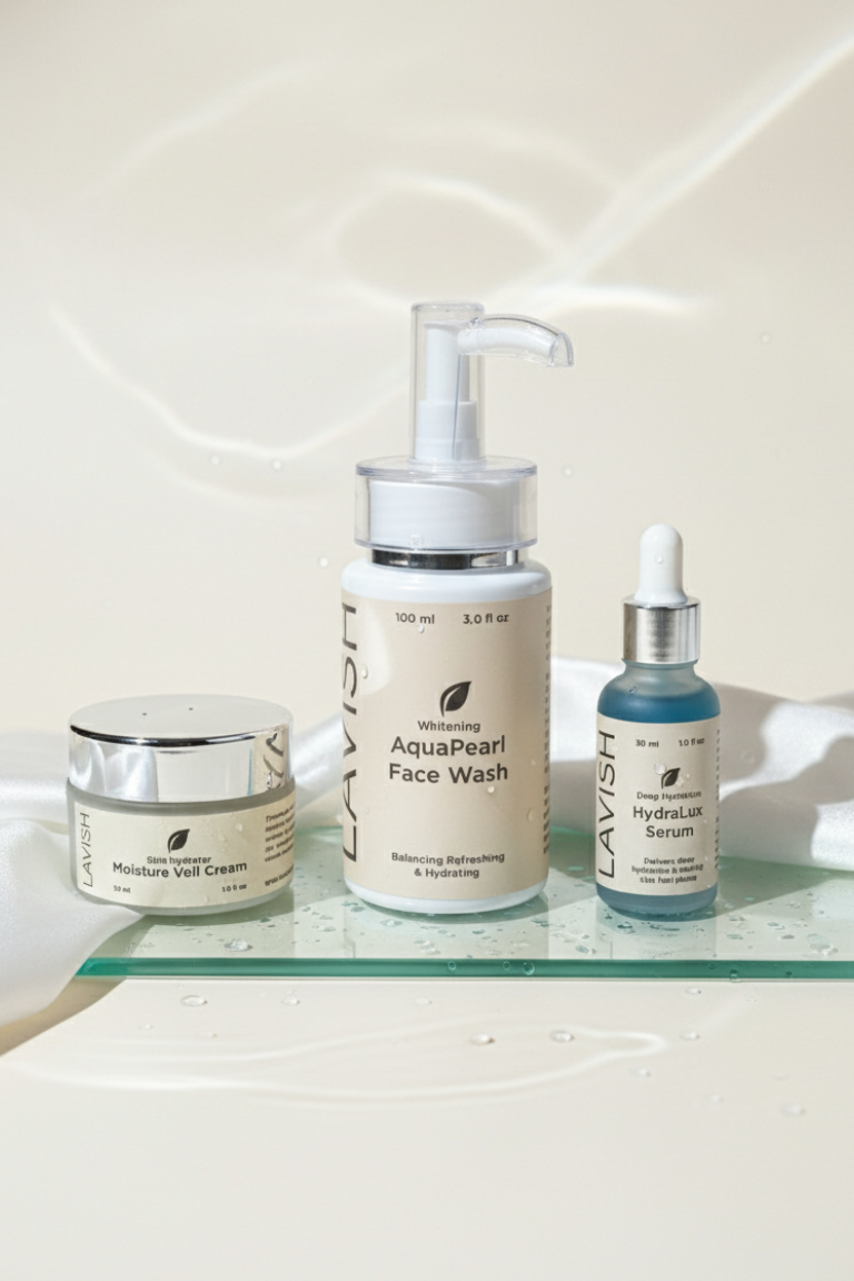 Skincare products including a face wash, cream, and serum on a glass shelf.