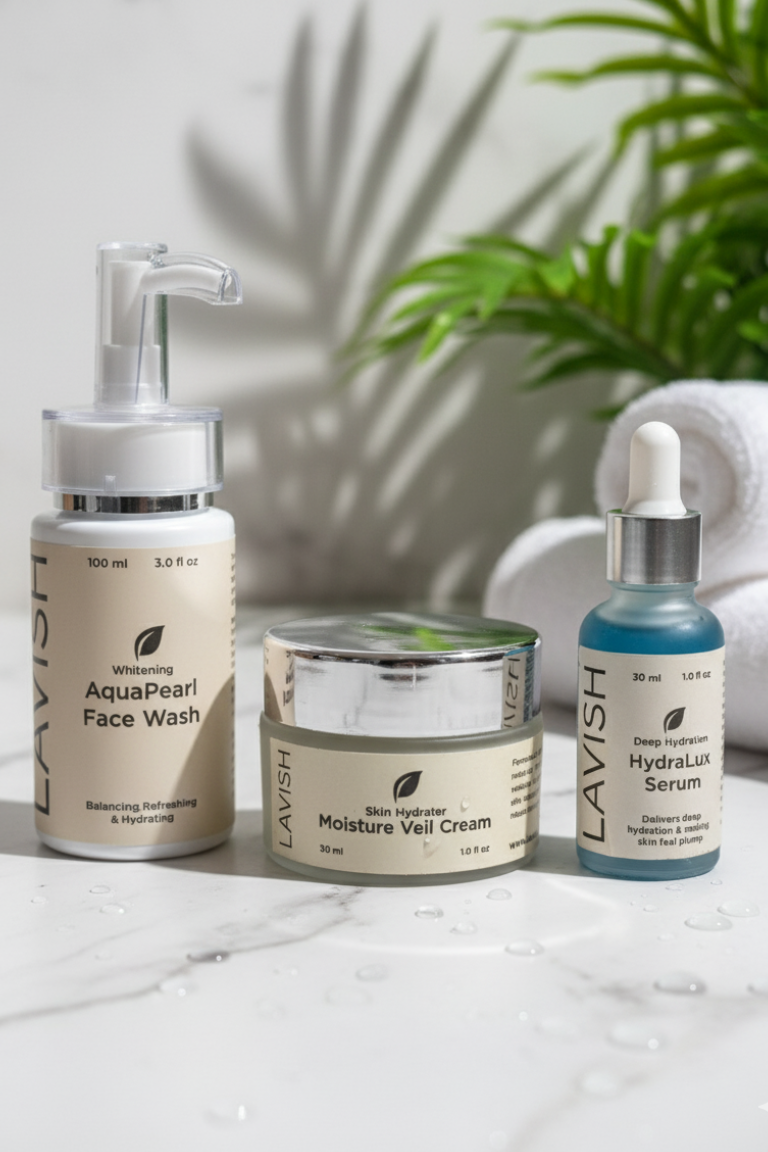 Lavish skincare products including face wash, cream, and serum on a marble surface with a plant in the background.