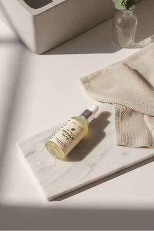 Skincare bottle on a marble surface with a towel and small plant
