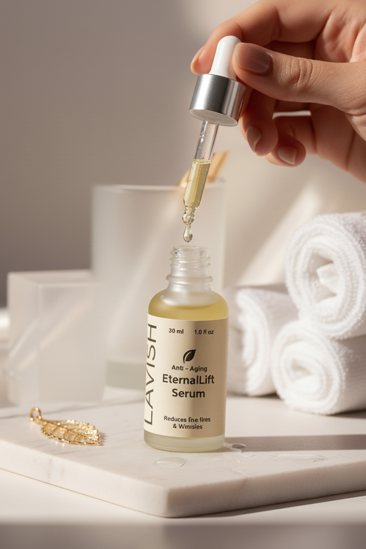 Hand holding a dropper over a bottle of Lavish Eternal Lift Serum with a towel and glass in the background.
