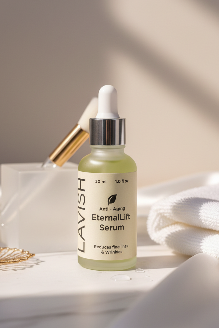 Lavish EternalLift Serum bottle on a light surface with soft shadows