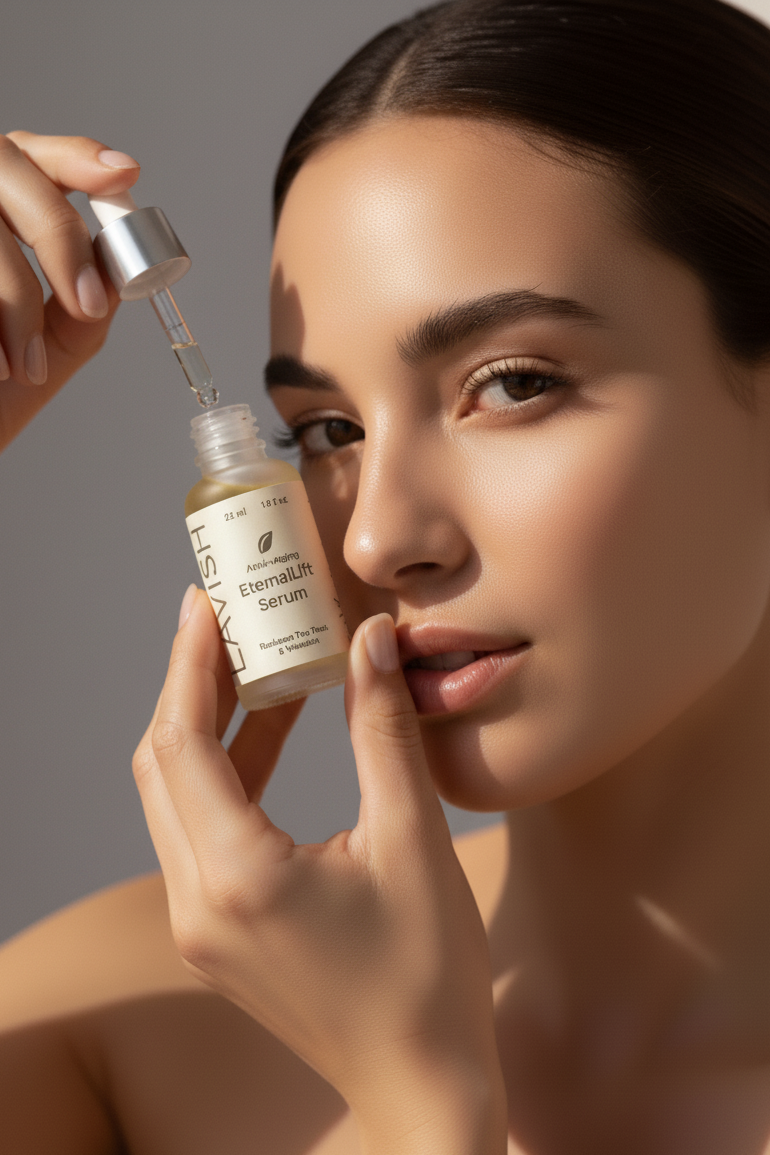 Woman holding a skincare serum bottle with a neutral background