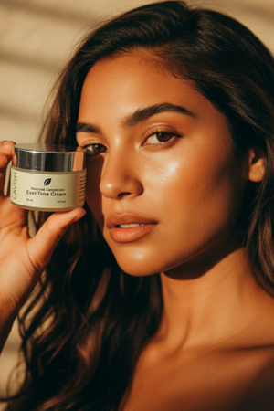 Woman holding a jar of cream close to her face against a neutral background