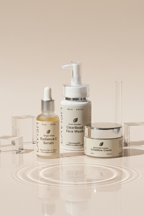 Skincare products including a serum, face wash, and cream on a neutral background