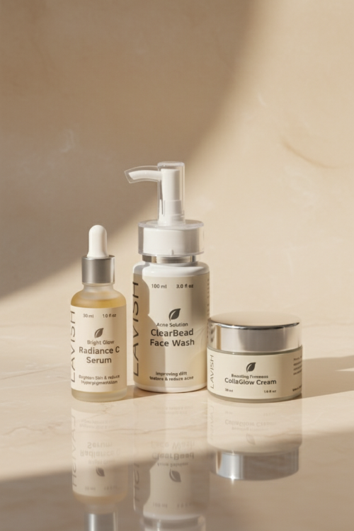 Skincare product set including serum, face wash, and cream on a reflective surface with a neutral background