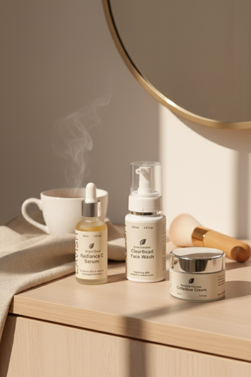 Cosmetic products on a wooden surface with a cup and mirror in the background