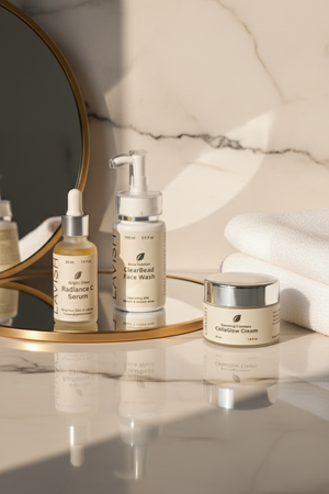 Skincare products on a marble surface with a mirror reflection.