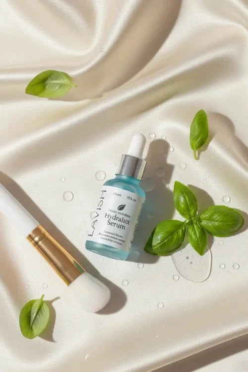 LAVISH UP skincare serum bottle with basil leaves on a satin surface