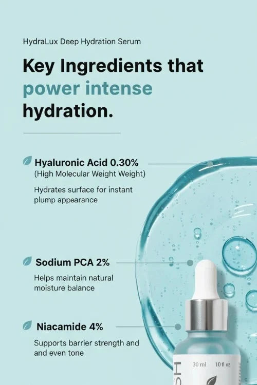 Lavish Hydralux Serum bottle with key ingredients listed on a light blue background
