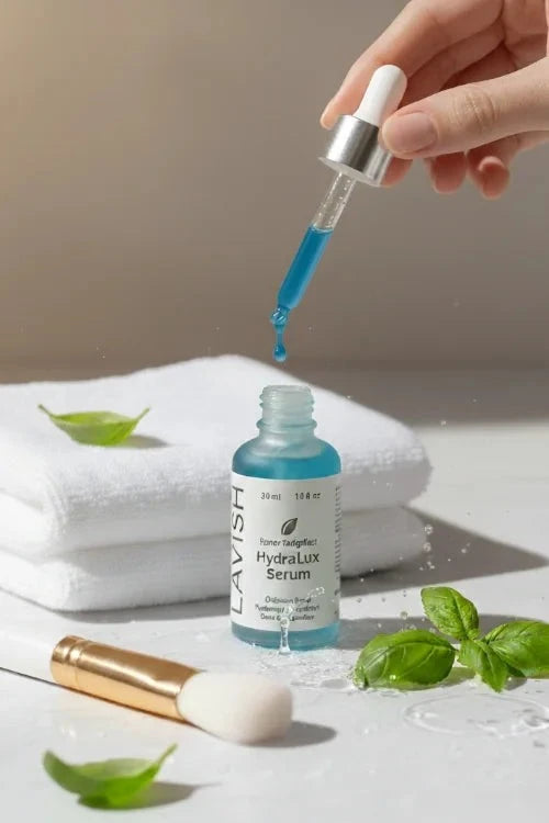 Hand holding a dropper with blue liquid over a bottle of Lavish Up serum on a white surface with green leaves.