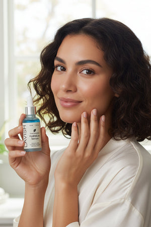 Woman holding a lydralux serum bottle with a blurred indoor background