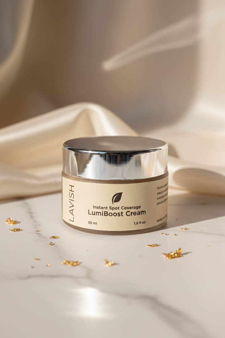 Lavish LumiBoost Cream jar on a soft fabric background